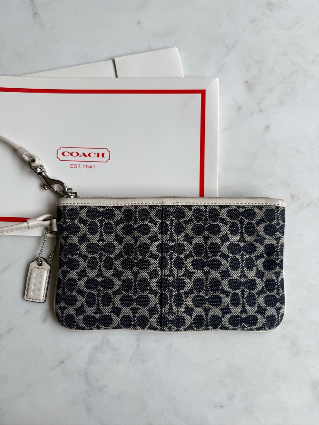 Vintage Coach Denim Navy And White Signature Canvas Wristlet With Gift Box